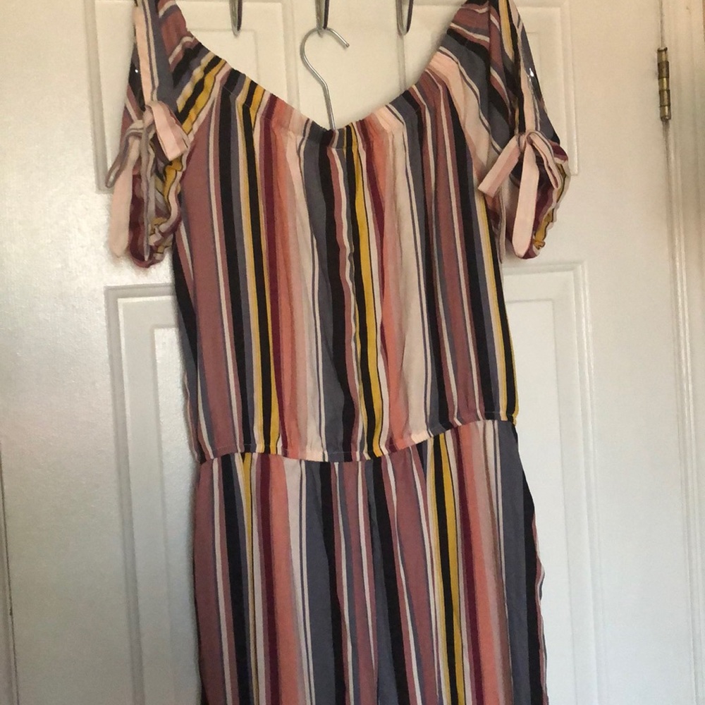 Full length striped jumpsuit.